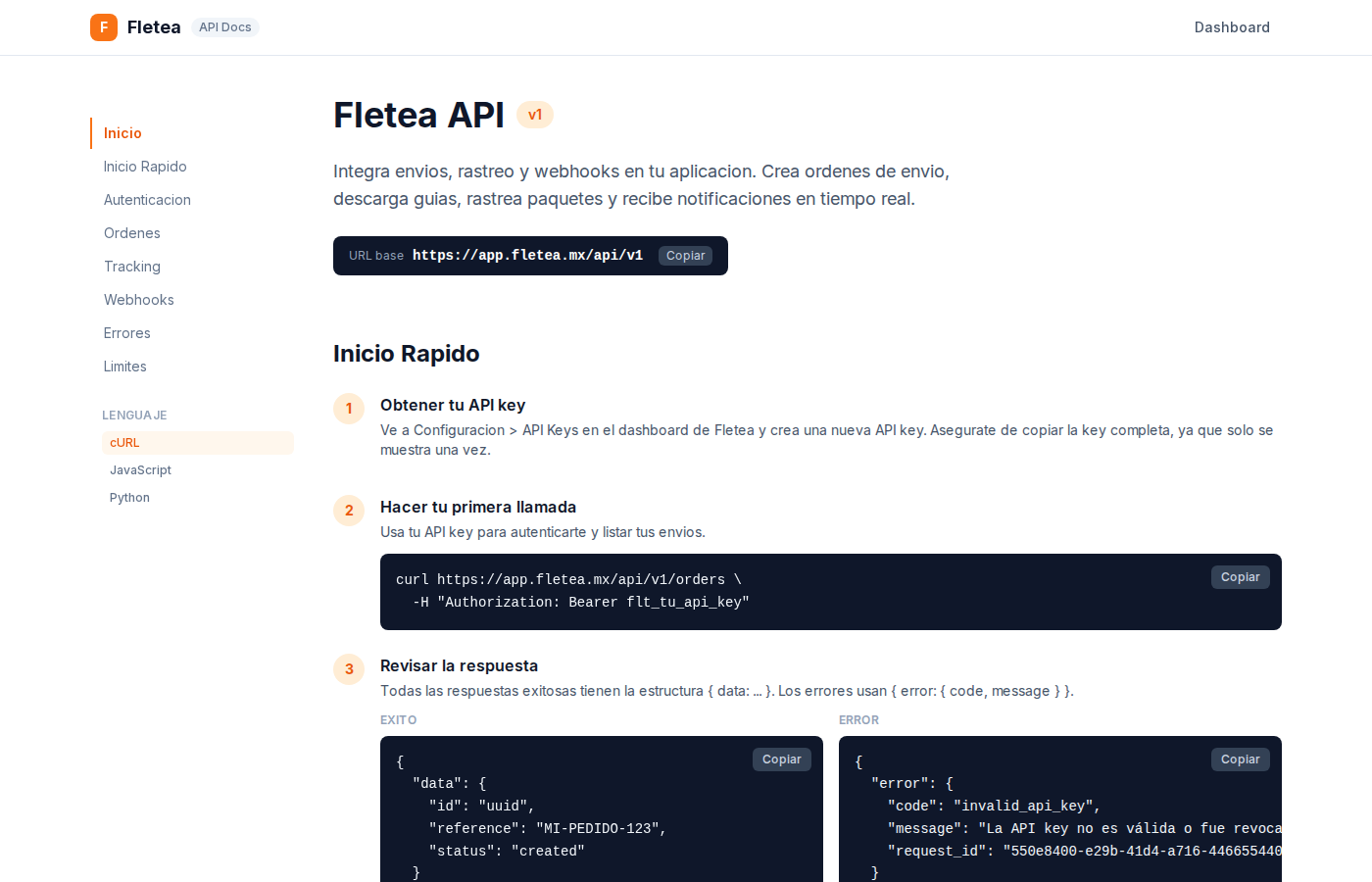 Portal de desarrolladores de Fletea