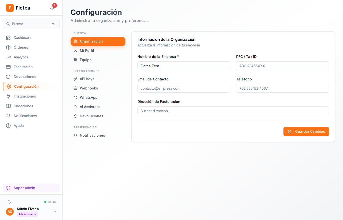 Pagina de configuracion